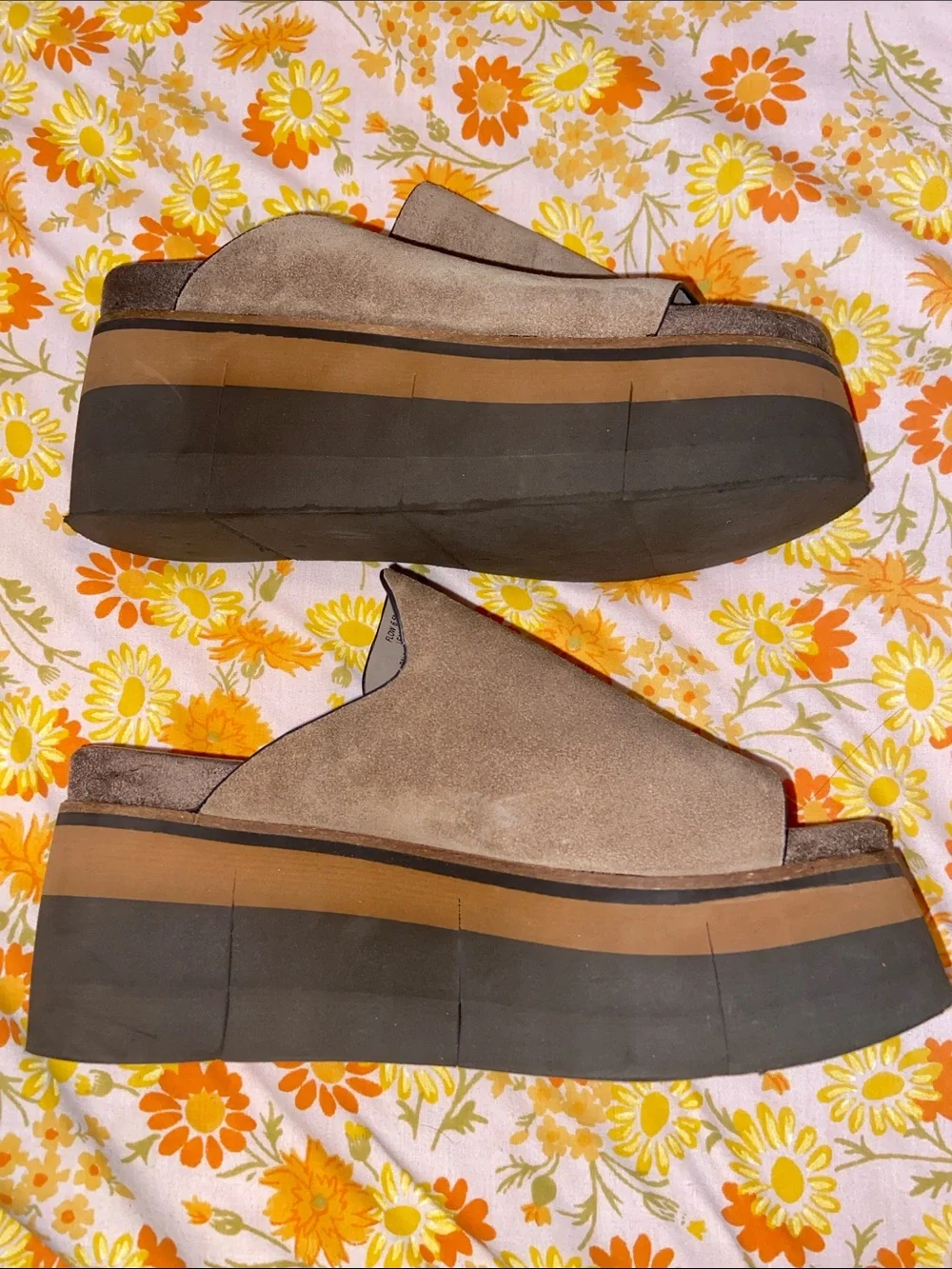 NakedFeet Taupe Suede Platform Slide Sandals